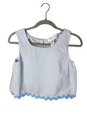 Japna Blue White Striped Scalloped Trim Cropped Top Medium